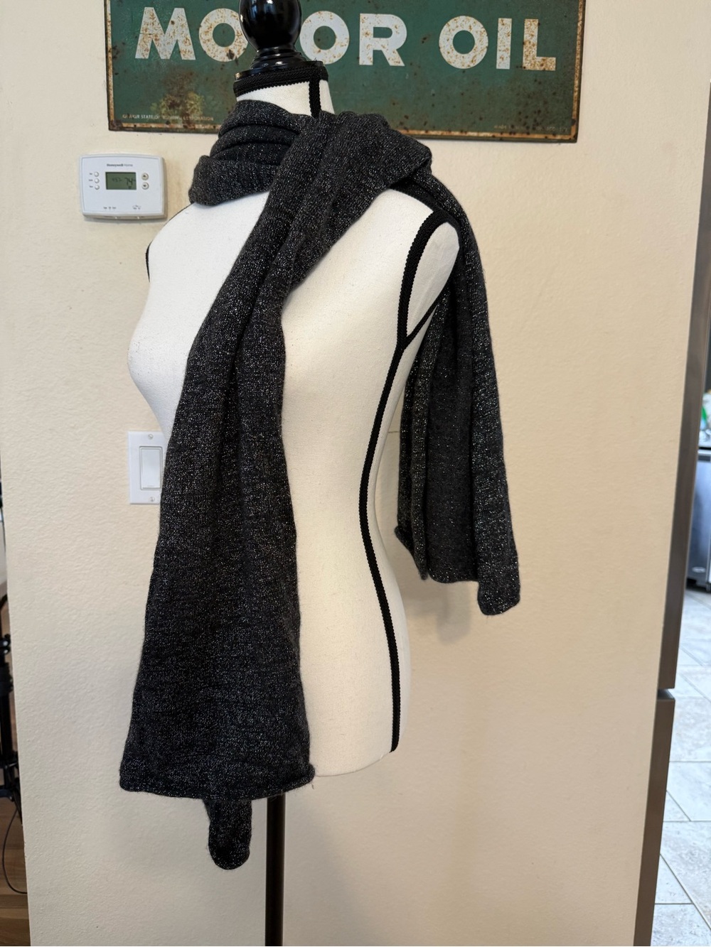 Ann Taylor Long Scarf Dark Grey Silver Woven Sparkle Stylish Cashmere Silk Wool